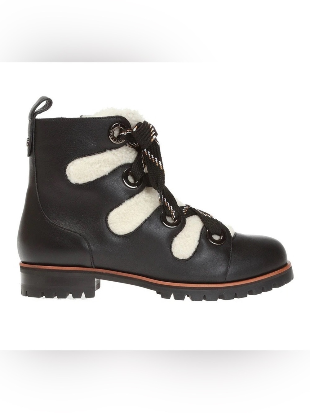 Women's Black Leather Lace-Up Ankle Boot with Shearling Trim